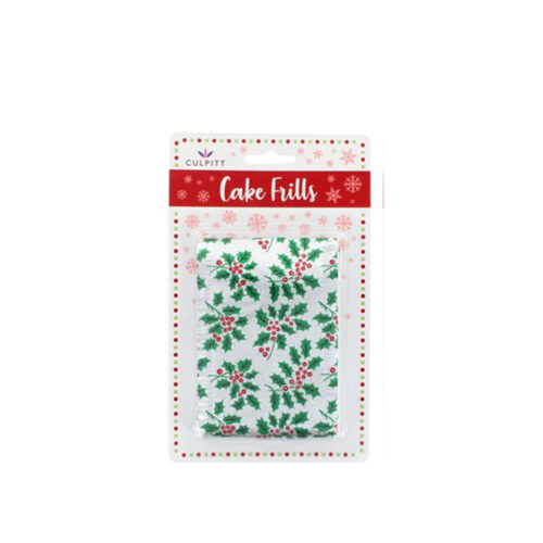 Traditional Christmas cake frill silver with green holly leaf design