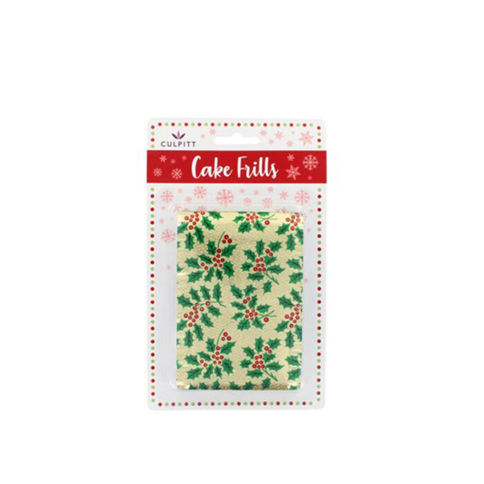 Traditional christmas cake frill gold with holly leaf